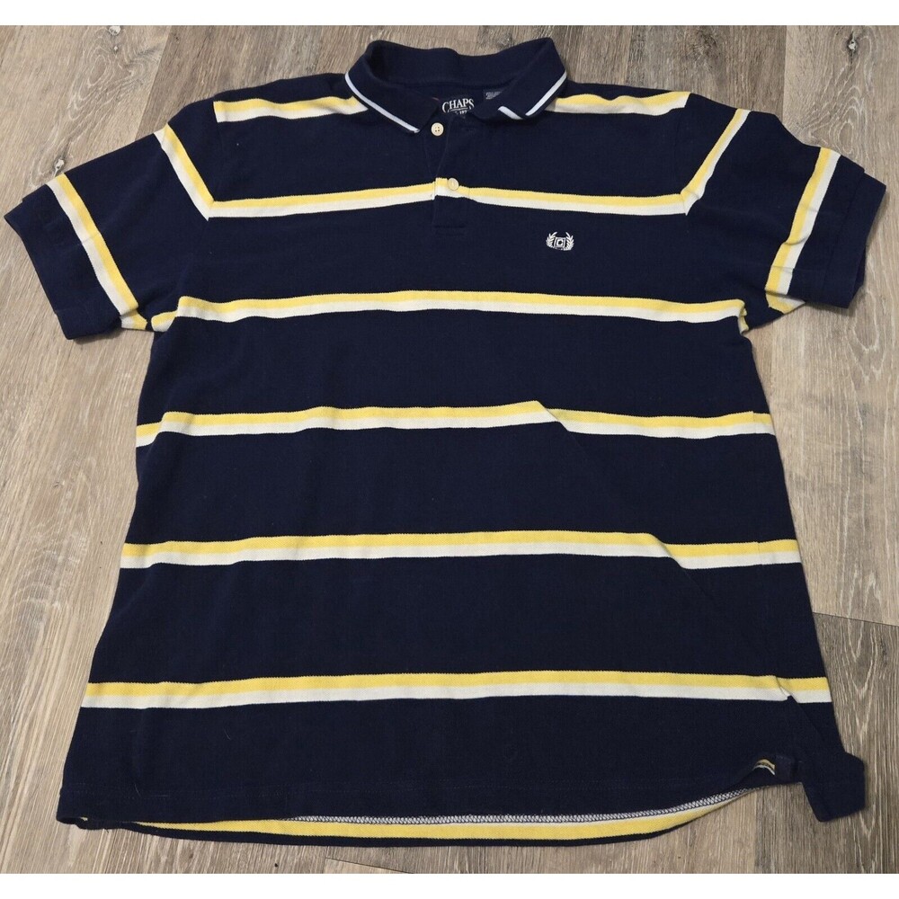 Chaps Men's Large L Striped Polo Shirt Navy Blue Yellow‎ White Cotton Casual
